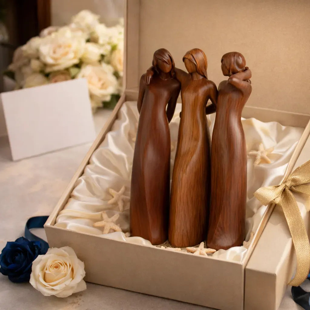 Sistora | Resin Sisters Sculpture with Wood Grain Finish | Friendship Gift for Home Decor