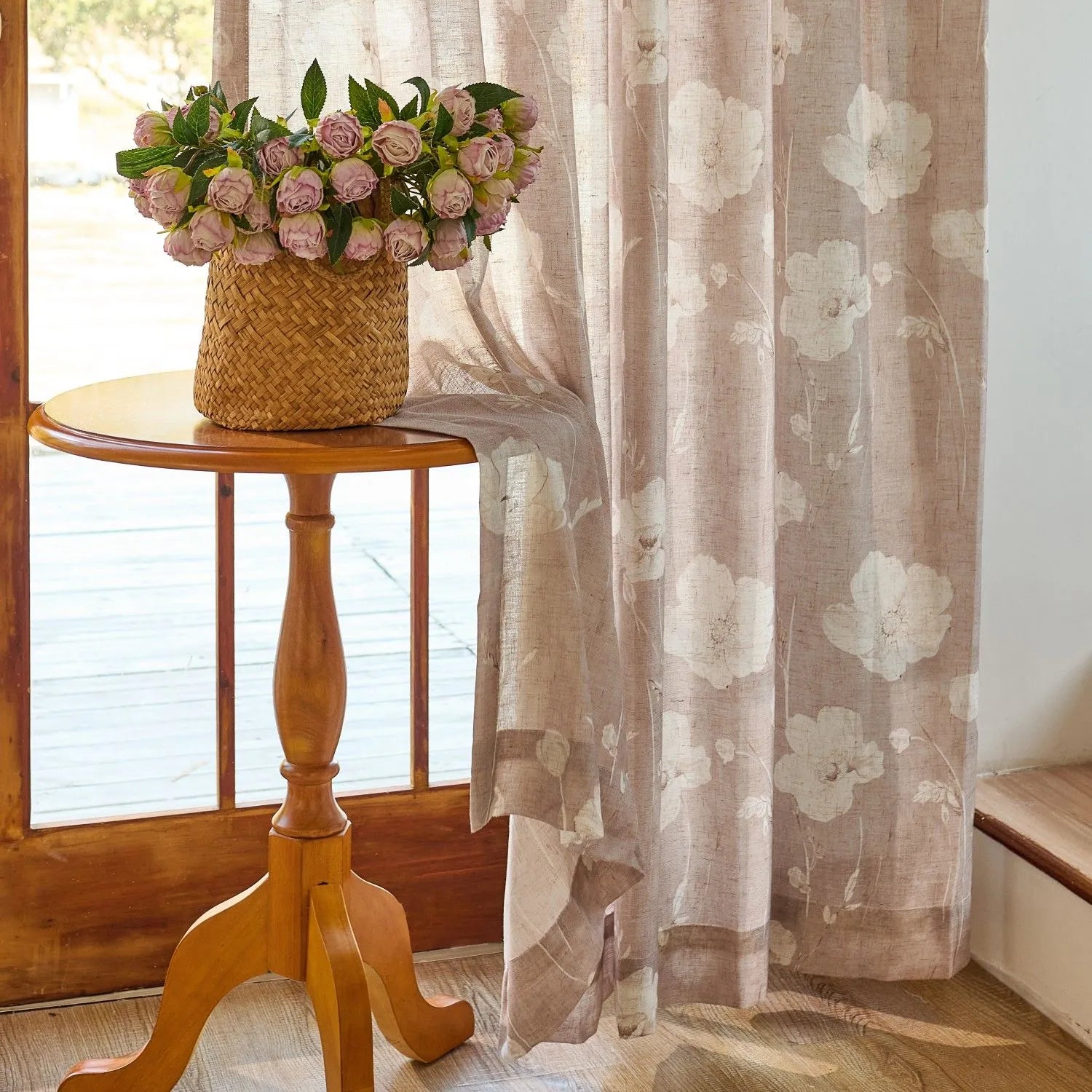 Skye Country Style Pinkish Botanical Linen Sheer Curtains