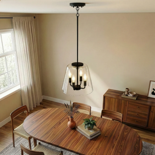 4-Light Candle Pendant Light – Satin Brass Finish & Clear Glass | Elegant Dining Room & Living Room Chandelier
