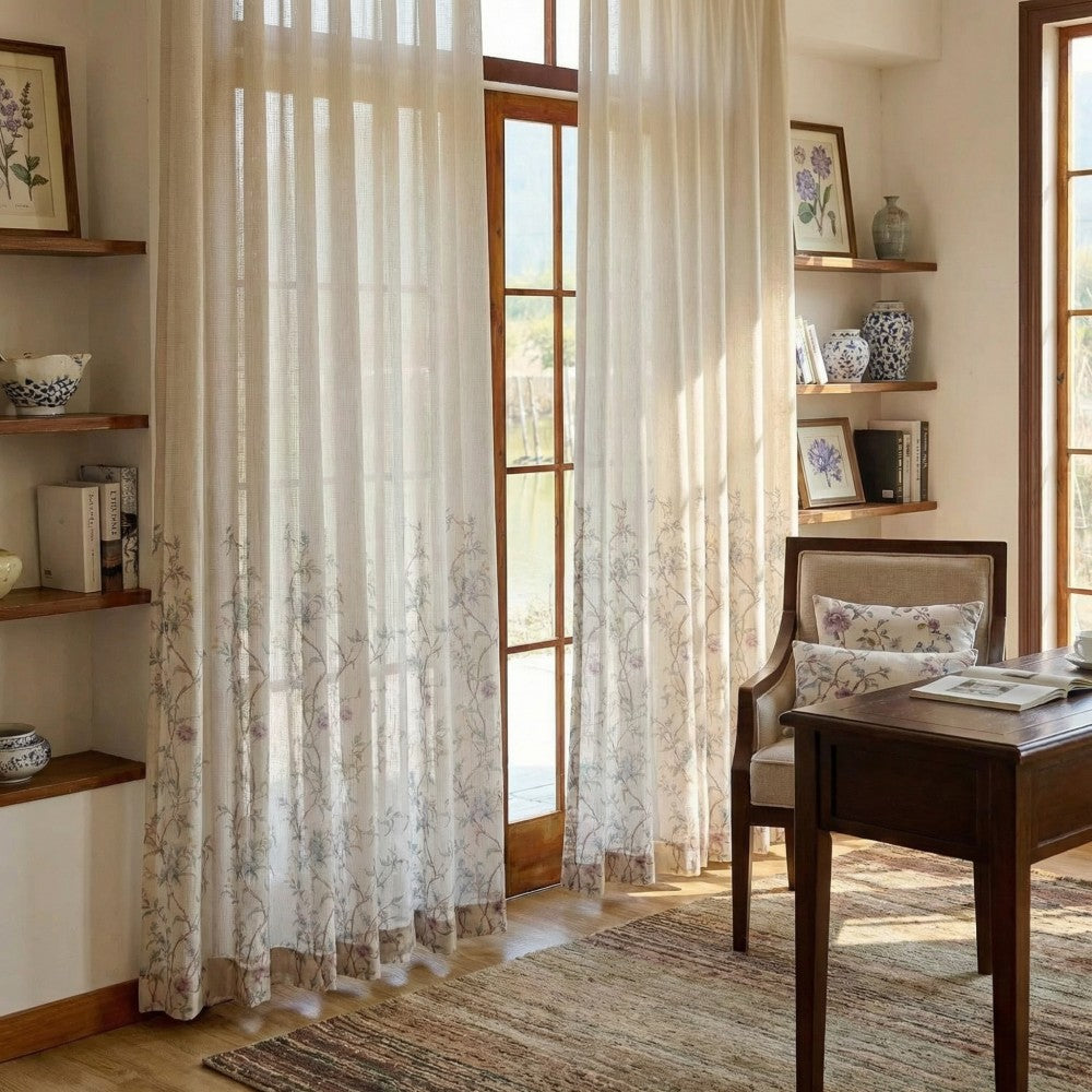 Spring Natural Cream Botanical Vine Sheer Curtains