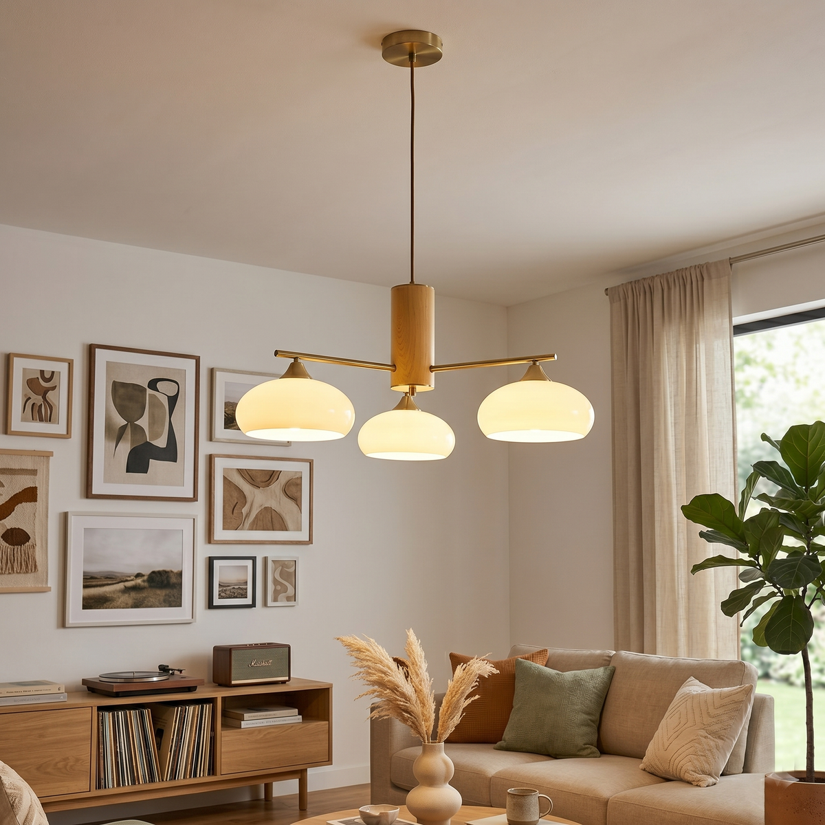 Elliptical Glass Globe Chandelier with Brass Arms | Dining Table Light Fixture