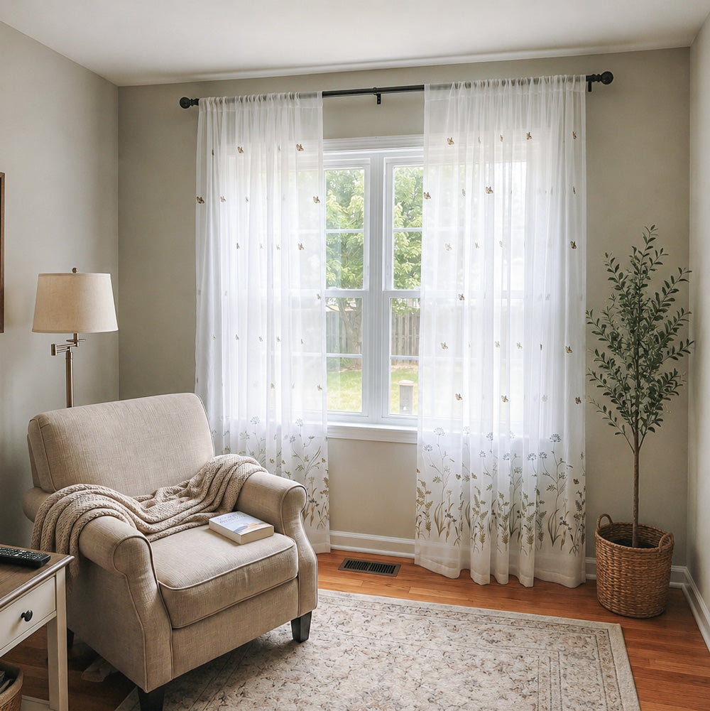 Sunny Floral Embroidered Sheer Curtains