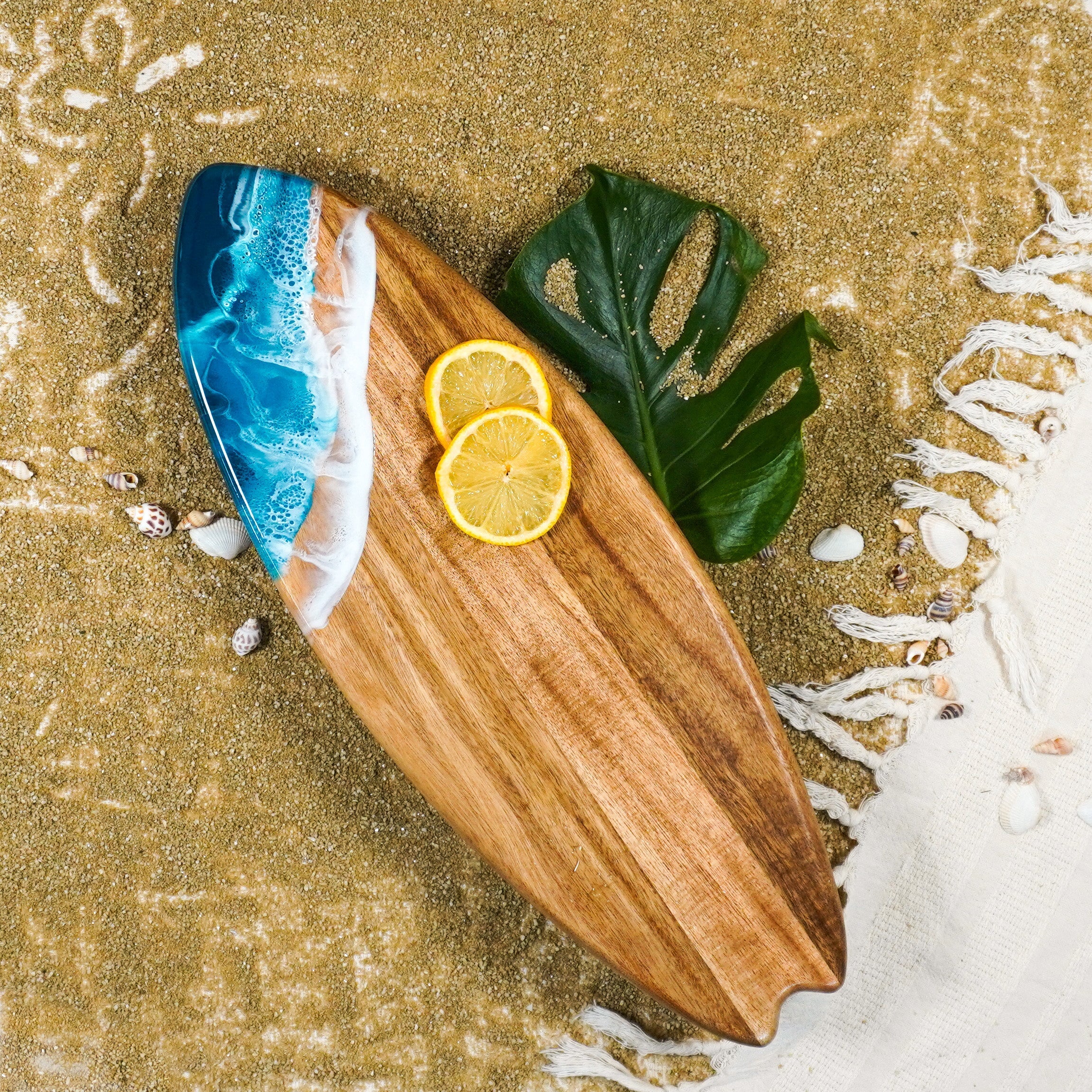 Resin-Accented Surfboard Shaped Charcuterie Boards-0