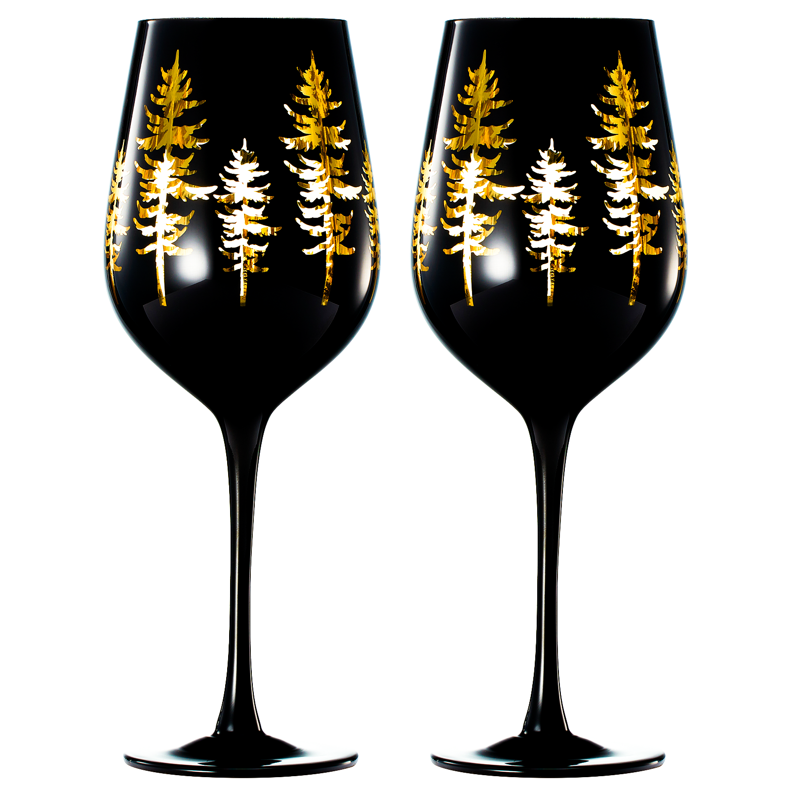 Crystal Winter Trees Black & Gold Stemmed Wine Glasses - Set of 2 - Glass Colored Vibrant Black & Gold Etched Forest Tree Frosted Glass, Perfect for Parties Gifts For Him Her (14 OZ)-1