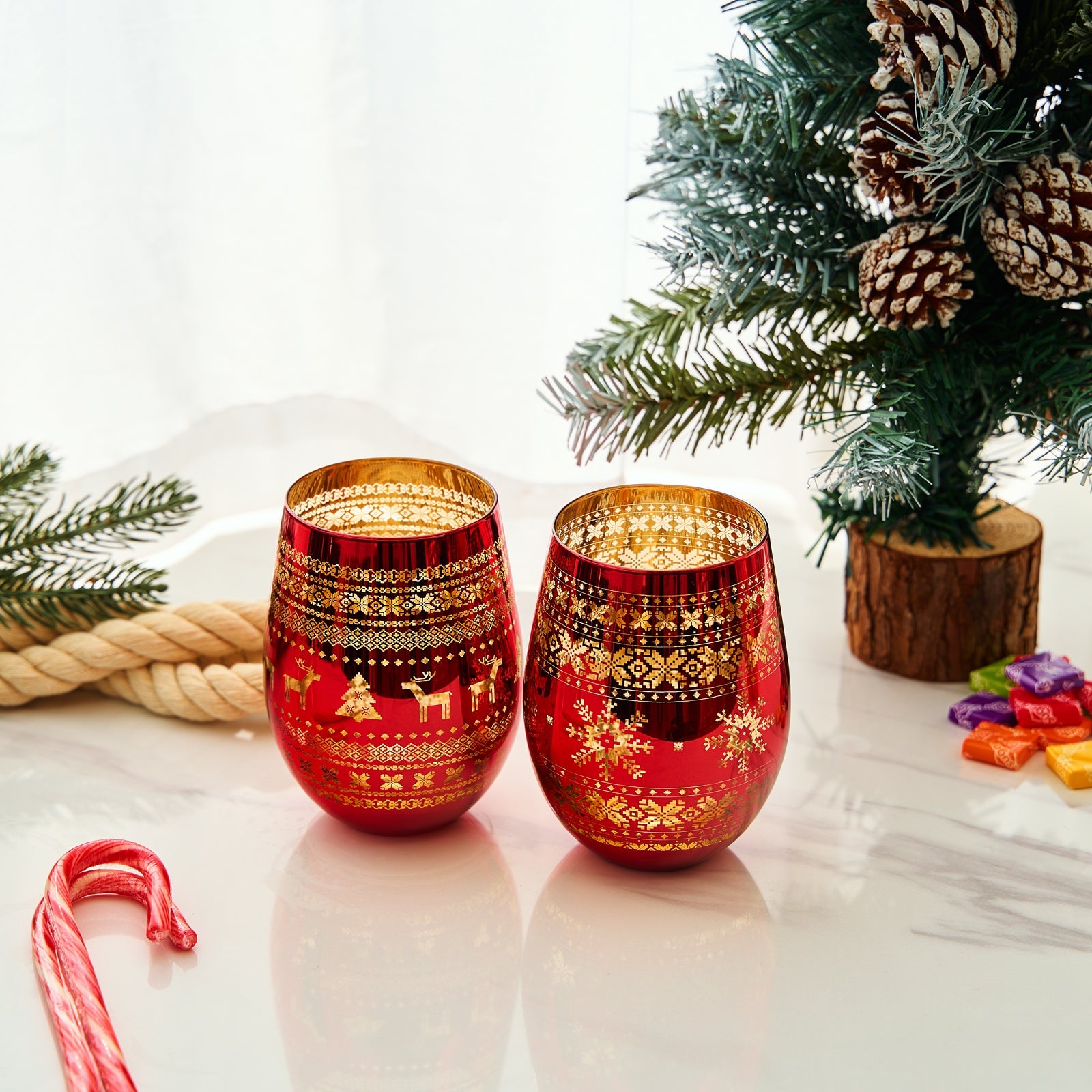 Crystal Christmas Tree Wine & Water Glasses - Set of 2 - Holiday Themed Red & Gold Etched Winter Snow Wonderland Frosted Glass, Perfect Seasonal Parties, Gifts Him & Her Trees Décor - Stemless Trees-3