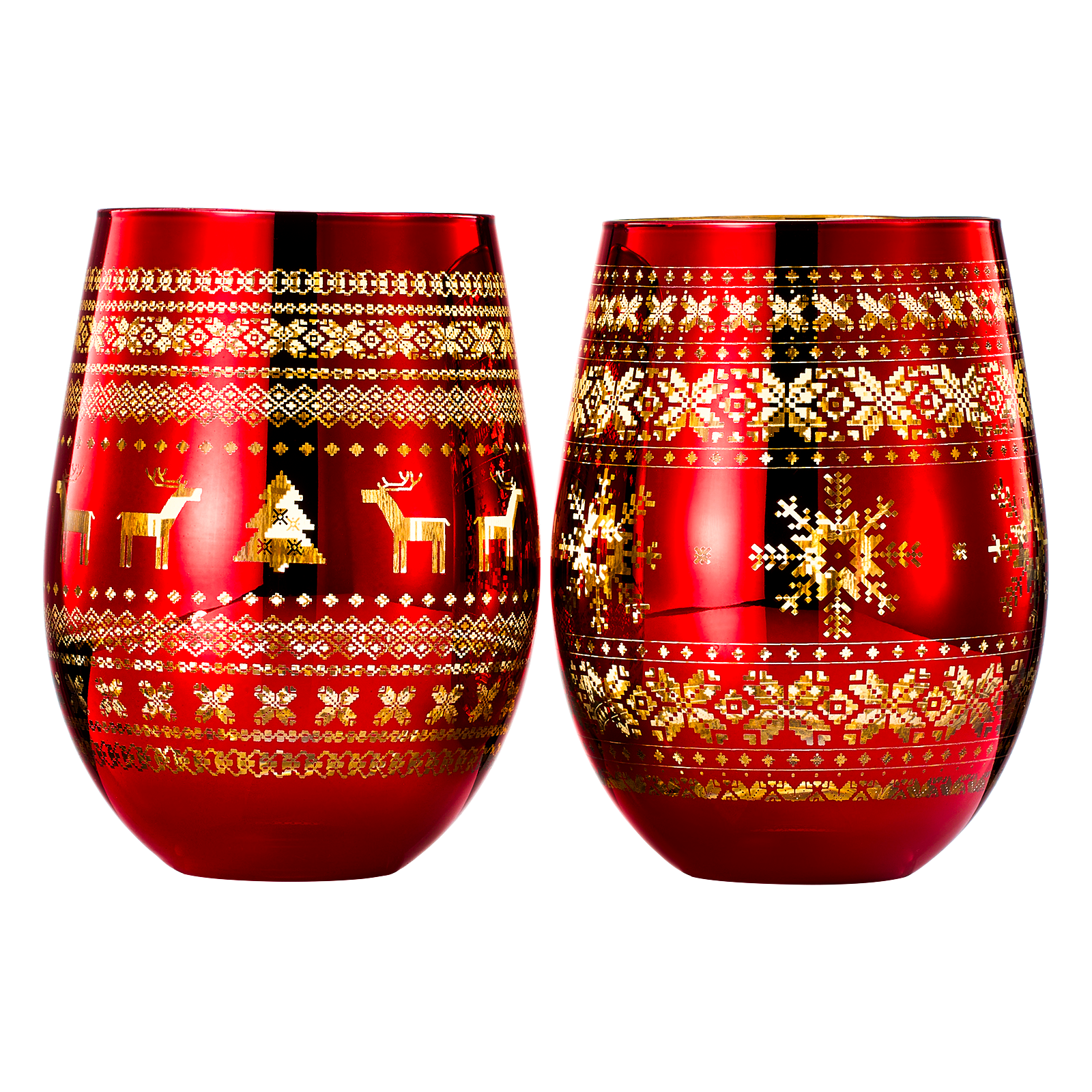 Crystal Christmas Tree Wine & Water Glasses - Set of 2 - Holiday Themed Red & Gold Etched Winter Snow Wonderland Frosted Glass, Perfect Seasonal Parties, Gifts Him & Her Trees Décor - Stemless Trees-1