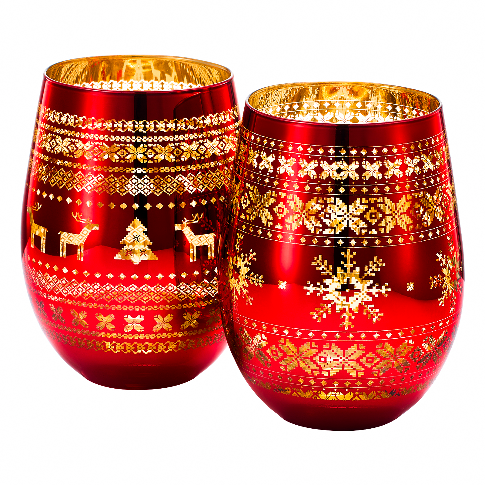 Crystal Christmas Tree Wine & Water Glasses - Set of 2 - Holiday Themed Red & Gold Etched Winter Snow Wonderland Frosted Glass, Perfect Seasonal Parties, Gifts Him & Her Trees Décor - Stemless Trees-0