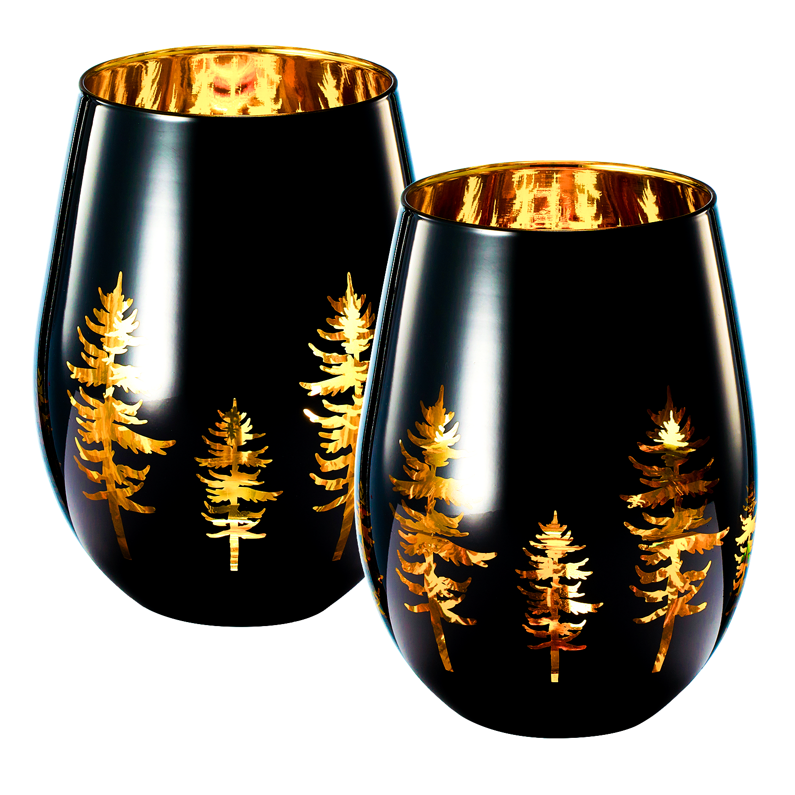 Crystal Holiday Winter Christmas Trees Black & Gold Stemless Wine Glasses - Set of 2 - Glass Colored Vibrant Etched Forest Tree Frosted Glass, Perfect for Parties Gifts For Him Her Gift (14 OZ)-0