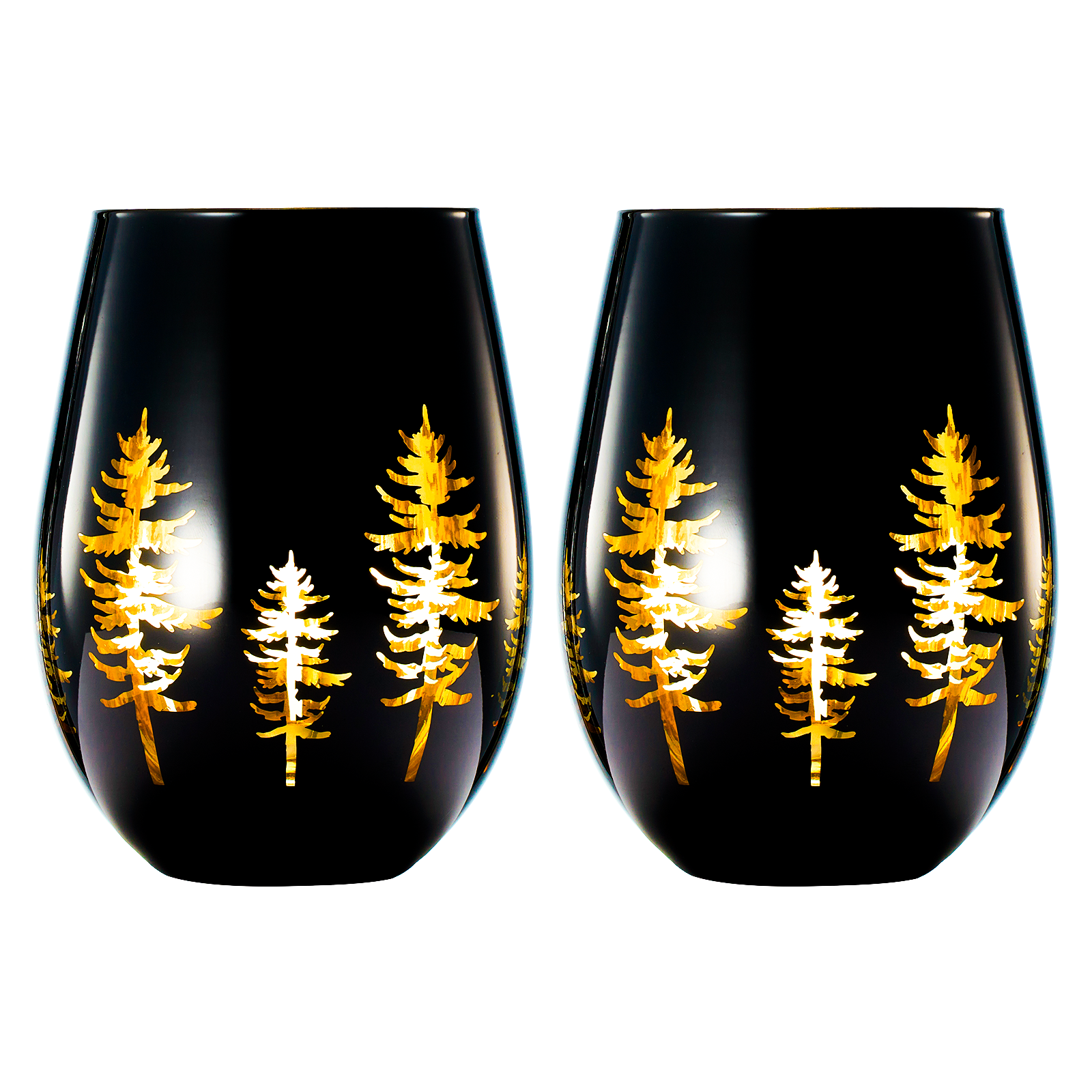 Crystal Holiday Winter Christmas Trees Black & Gold Stemless Wine Glasses - Set of 2 - Glass Colored Vibrant Etched Forest Tree Frosted Glass, Perfect for Parties Gifts For Him Her Gift (14 OZ)-3