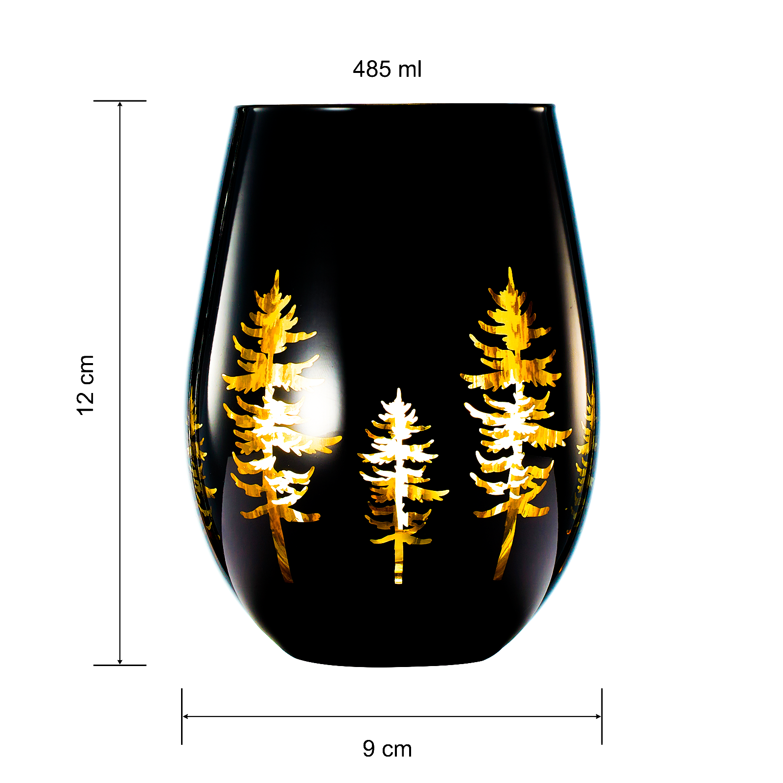 Crystal Holiday Winter Christmas Trees Black & Gold Stemless Wine Glasses - Set of 2 - Glass Colored Vibrant Etched Forest Tree Frosted Glass, Perfect for Parties Gifts For Him Her Gift (14 OZ)-4