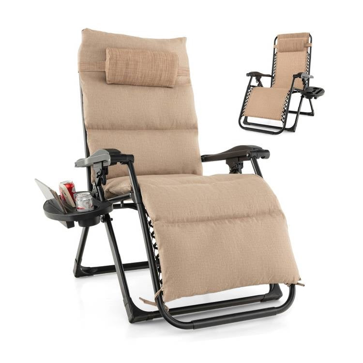 Tan Zero Gravity Adjustable Lounge Chair Removable Cushion Cup Holder Tray-0