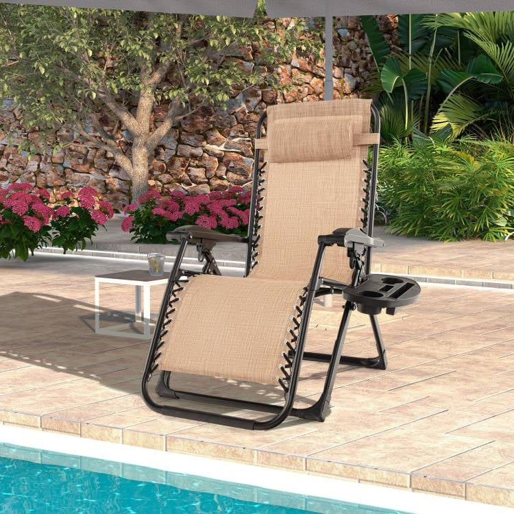 Tan Zero Gravity Adjustable Lounge Chair Removable Cushion Cup Holder Tray-1