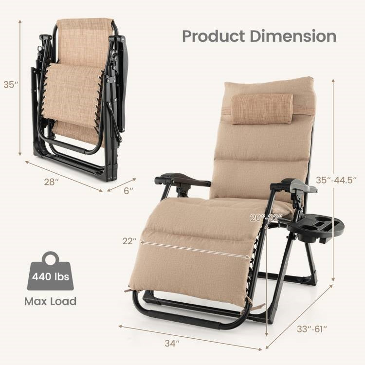 Tan Zero Gravity Adjustable Lounge Chair Removable Cushion Cup Holder Tray-4