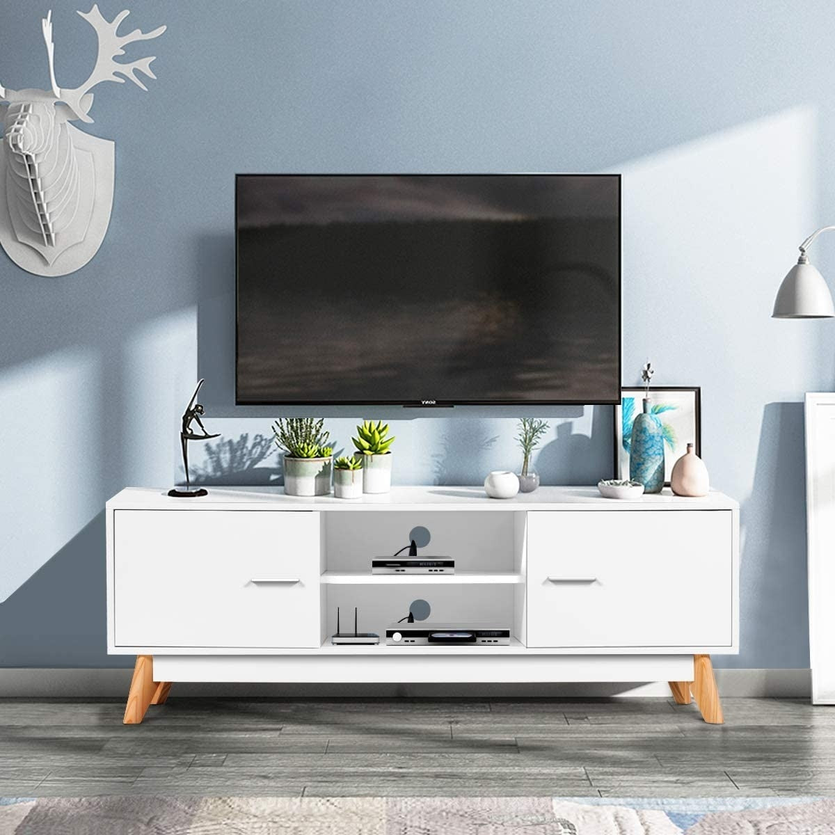 Modern 55-inch Solid Wood TV Stand in White Finish and Mid-Century Legs-1