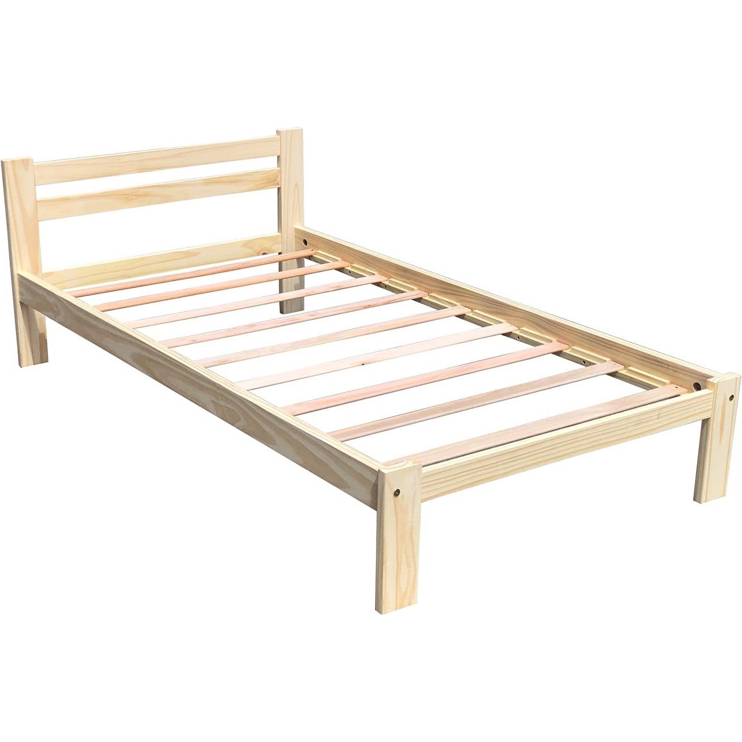 Twin size Unfinished Solid Pine Wood Platform Bed Frame with Slatted Headboard-1