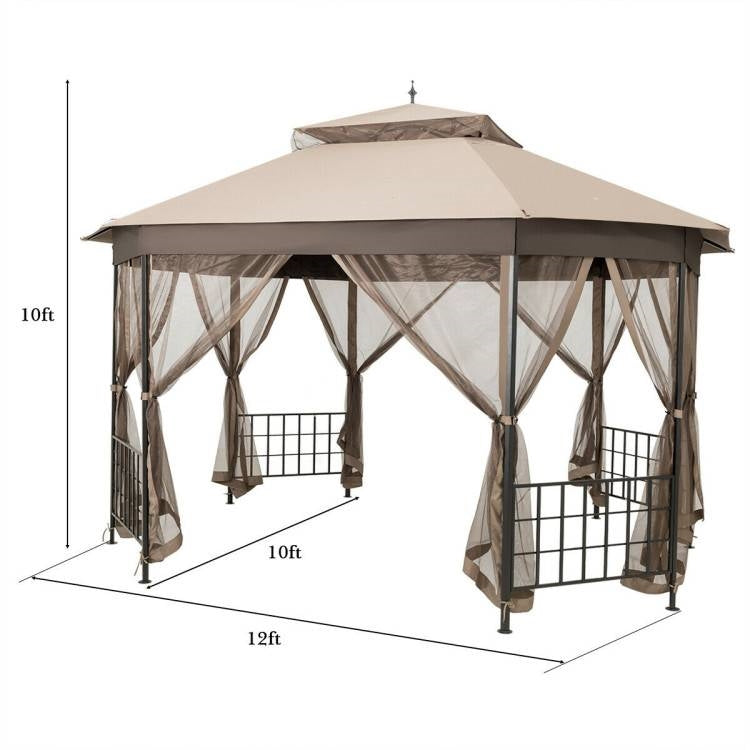 Outdoor 10 x 12 Ft Octagon Gazebo with Mosquito Net Sidewalls and Brown Canopy-4