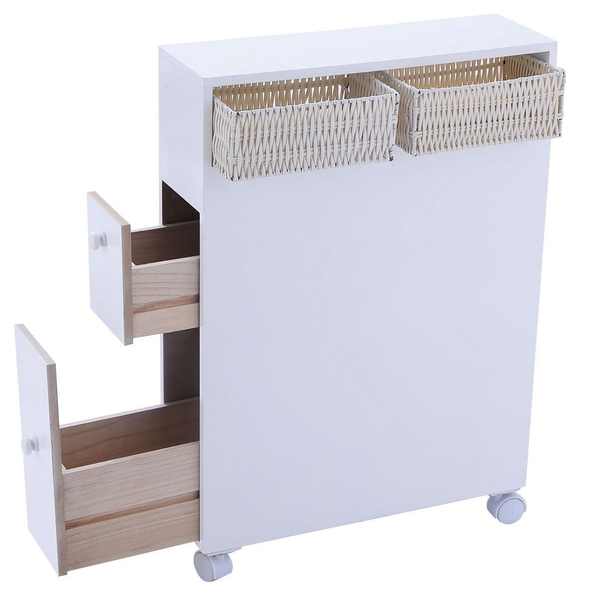 White Bathroom Storage Floor Cabinet with Baskets and Casters-0