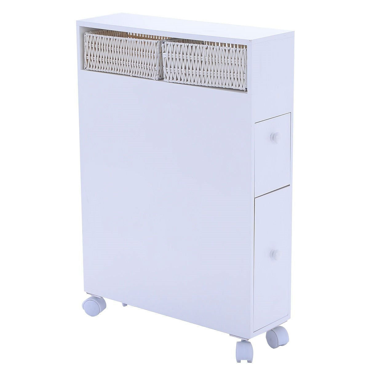 White Bathroom Storage Floor Cabinet with Baskets and Casters-2