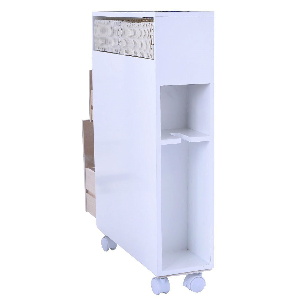 White Bathroom Storage Floor Cabinet with Baskets and Casters-3