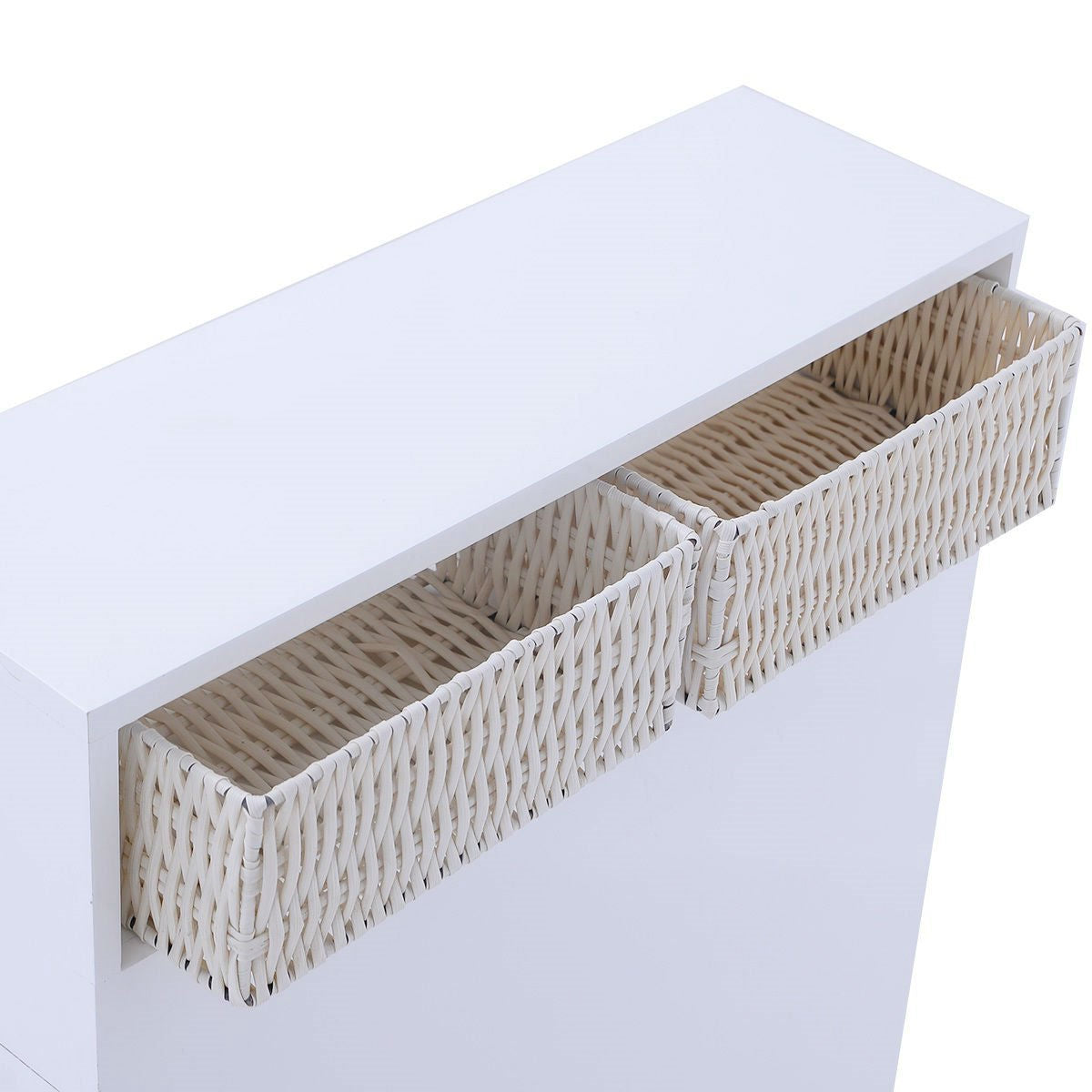 White Bathroom Storage Floor Cabinet with Baskets and Casters-4