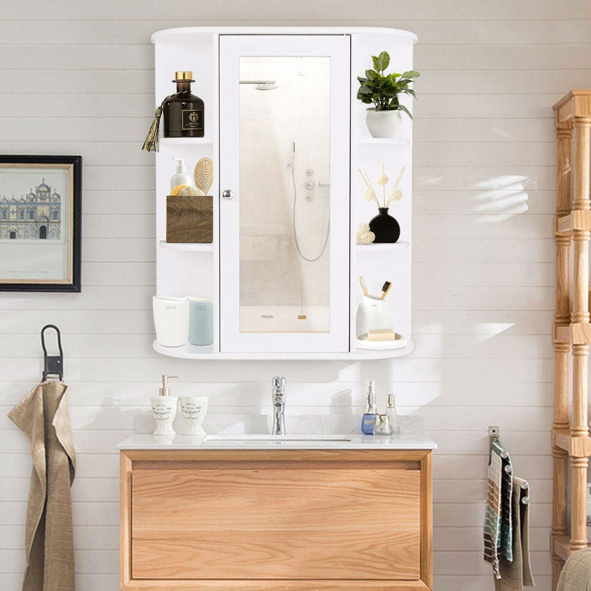 White Bathroom Wall Mounted Medicine Cabinet with Storage Shelves-1