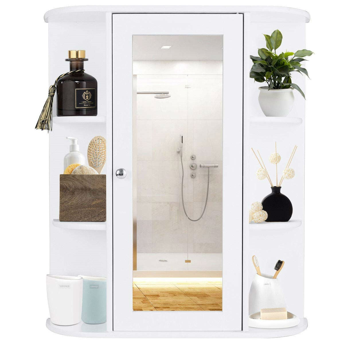 White Bathroom Wall Mounted Medicine Cabinet with Storage Shelves-3