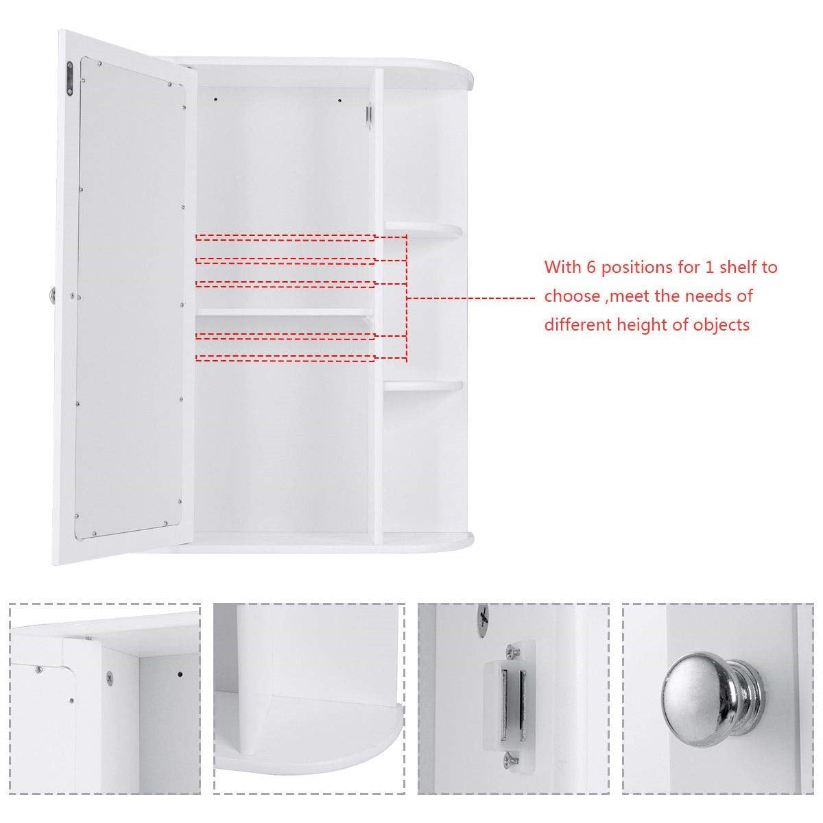 White Bathroom Wall Mounted Medicine Cabinet with Storage Shelves-4