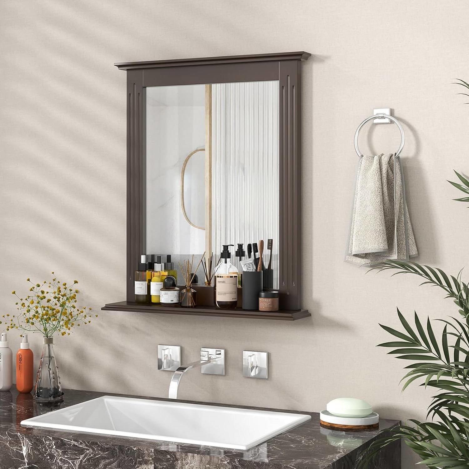 27-in x 22.5-in Bathroom Wall Mirror with Shelf in Dark Brown Wood Finish-1