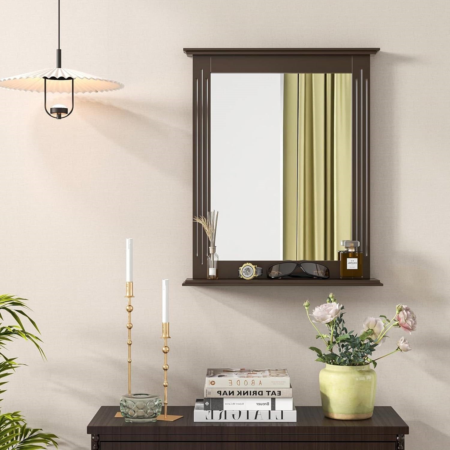 27-in x 22.5-in Bathroom Wall Mirror with Shelf in Dark Brown Wood Finish-2