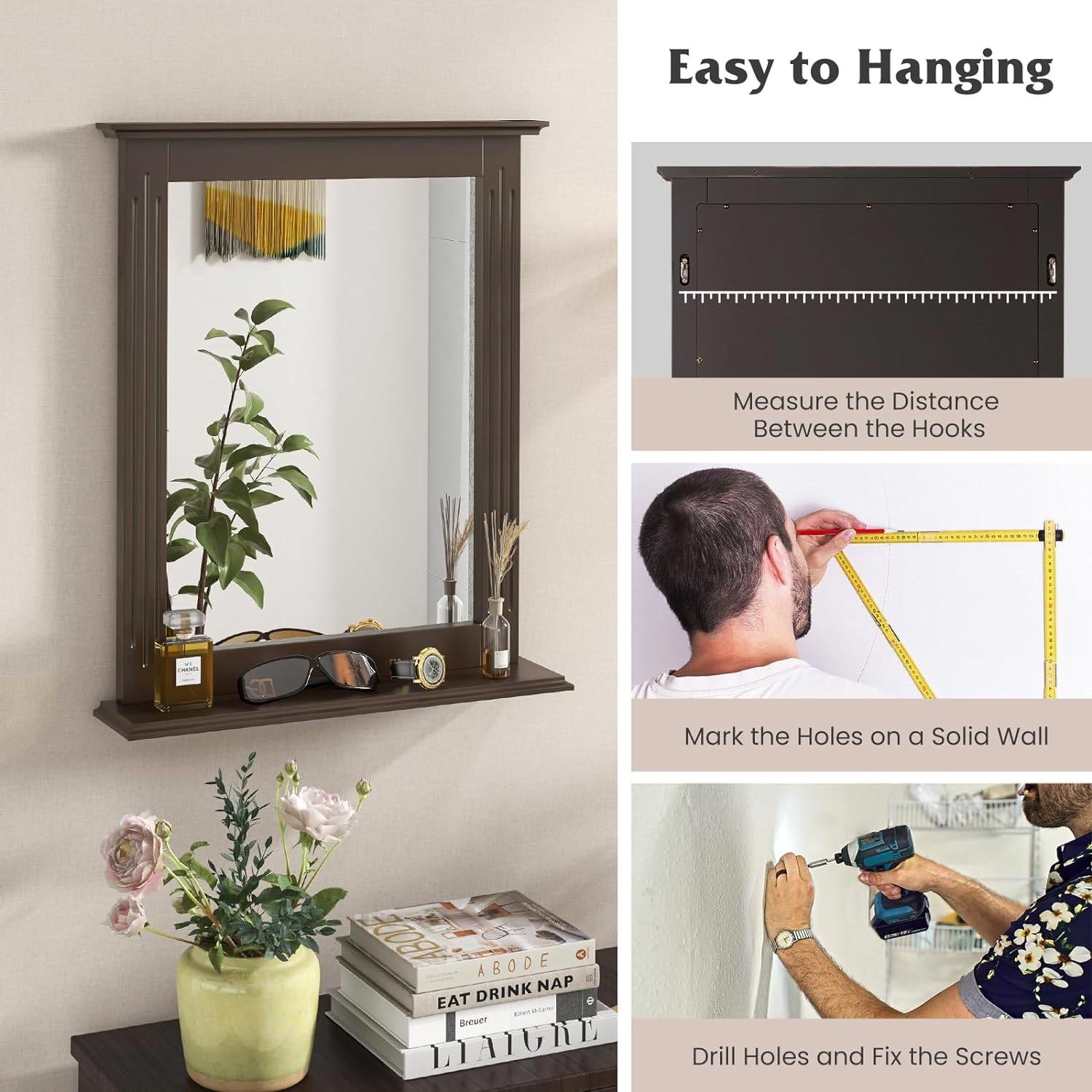 27-in x 22.5-in Bathroom Wall Mirror with Shelf in Dark Brown Wood Finish-3