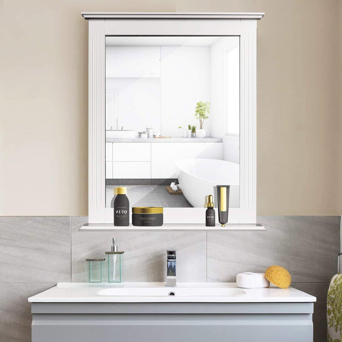 White Rectangle Bedroom Bathroom Vanity Wall Mirror with Bottom Shelf-1