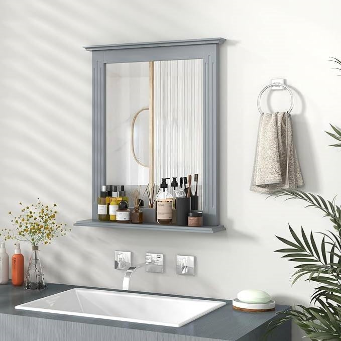 27-in x 22.5-in Bathroom Wall Mirror with Shelf in Gray Wood Finish-1