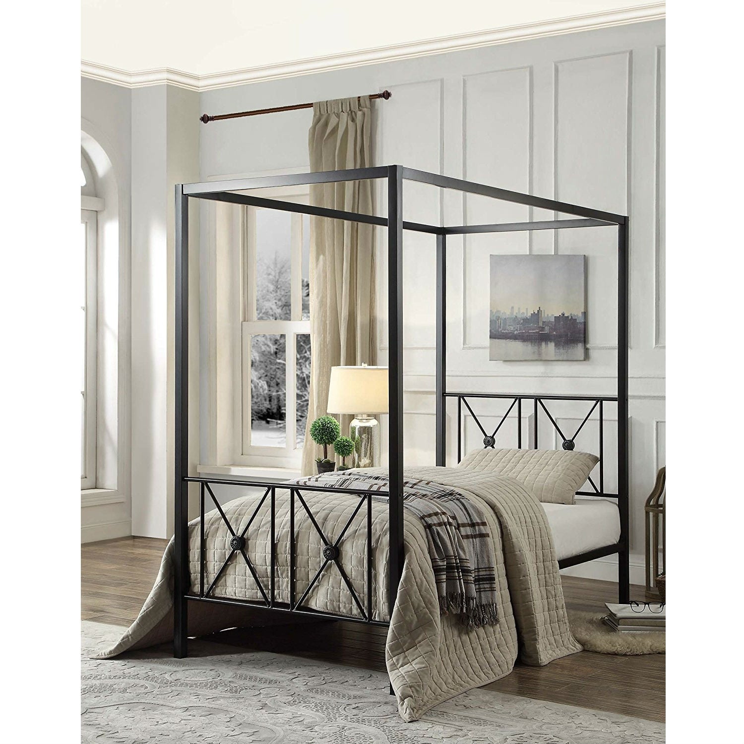 Twin size Black Metal Canopy Bed Frame with Medallion Accents-1