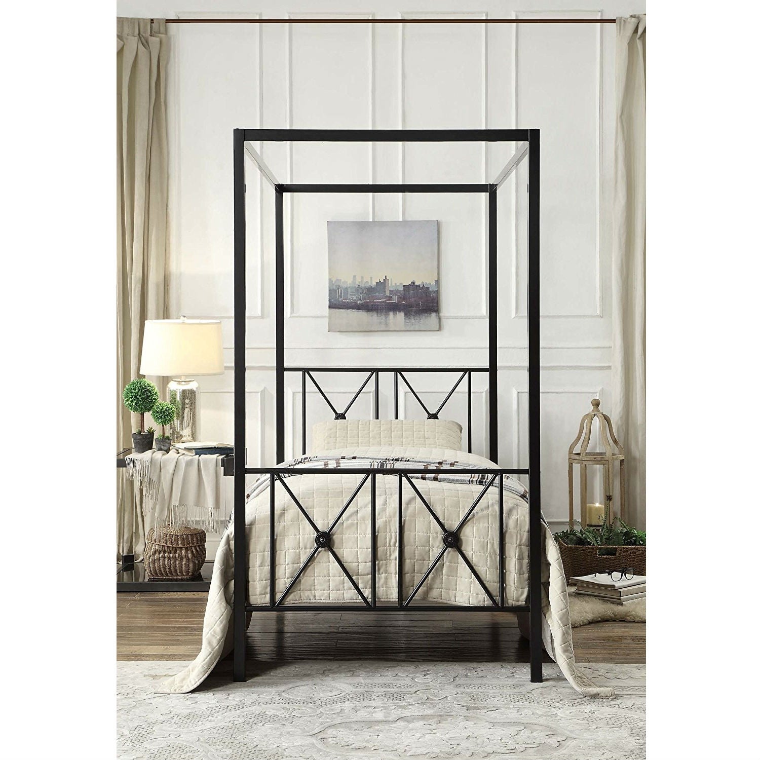 Twin size Black Metal Canopy Bed Frame with Medallion Accents-2