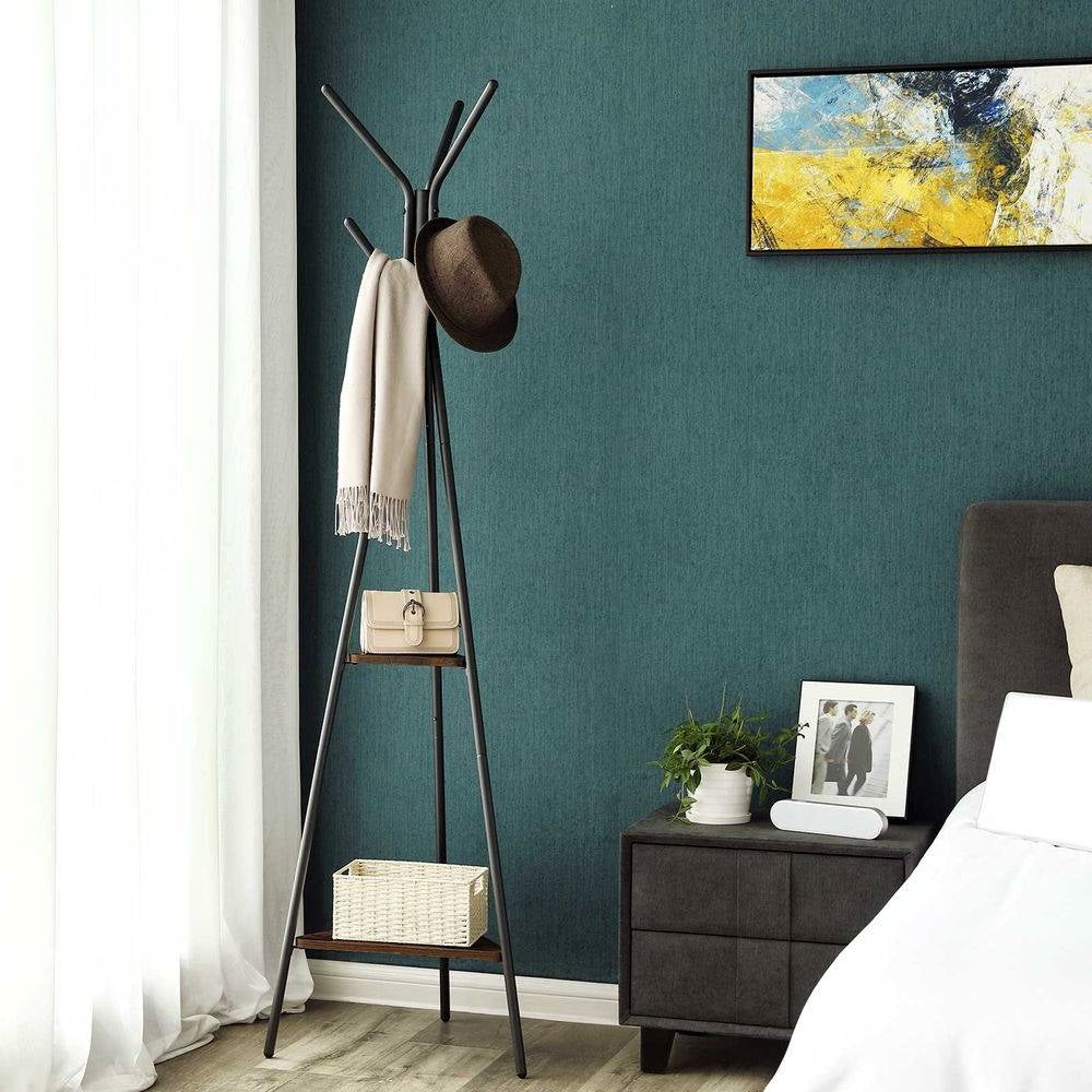 Modern Coat Rack with Matte Black Metal Frame and 2 Shelves-3