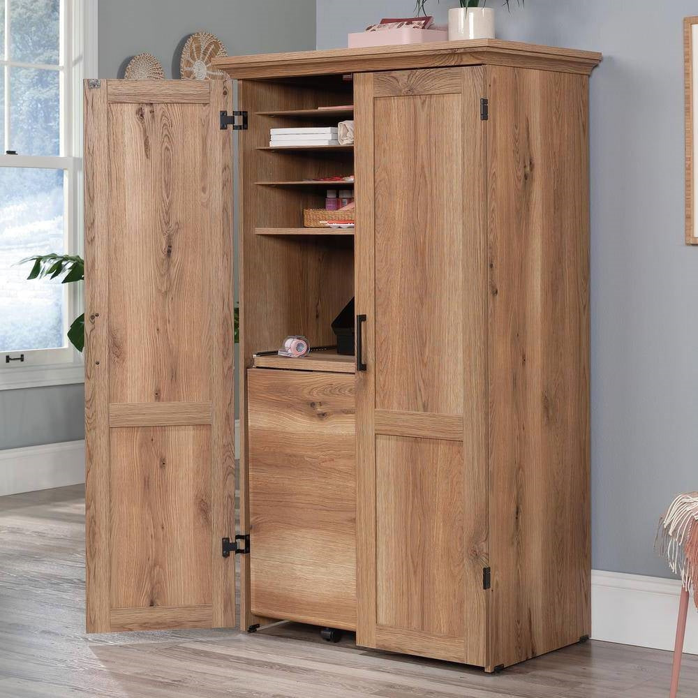 Drop Leaf Computer Desk Craft Table Armoire in Oak Wood Finish - Made in USA-1