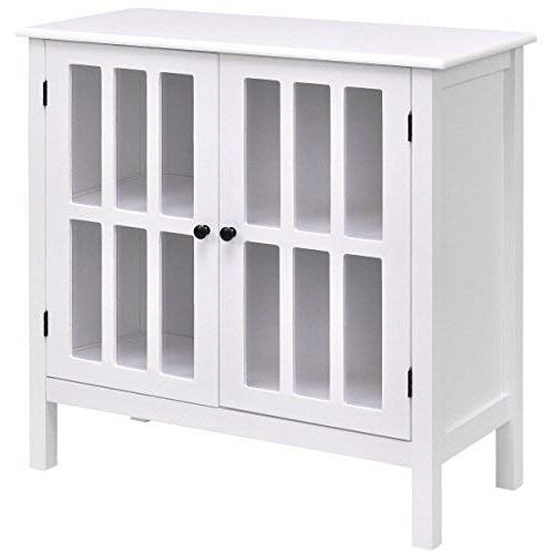 White Wood Bathroom Storage Floor Cabinet with Glass Doors-0