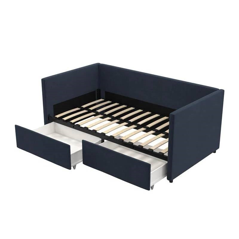 Navy Blue Linen Upholstered Daybed with Pull-Out Storage Drawers-0