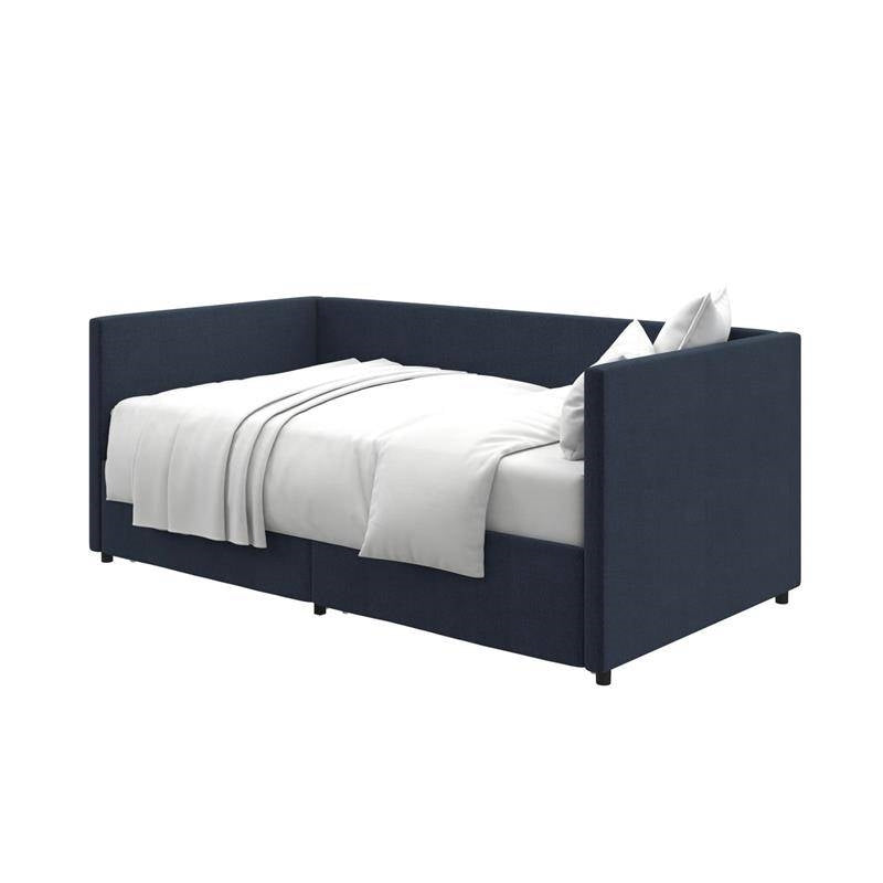 Navy Blue Linen Upholstered Daybed with Pull-Out Storage Drawers-1