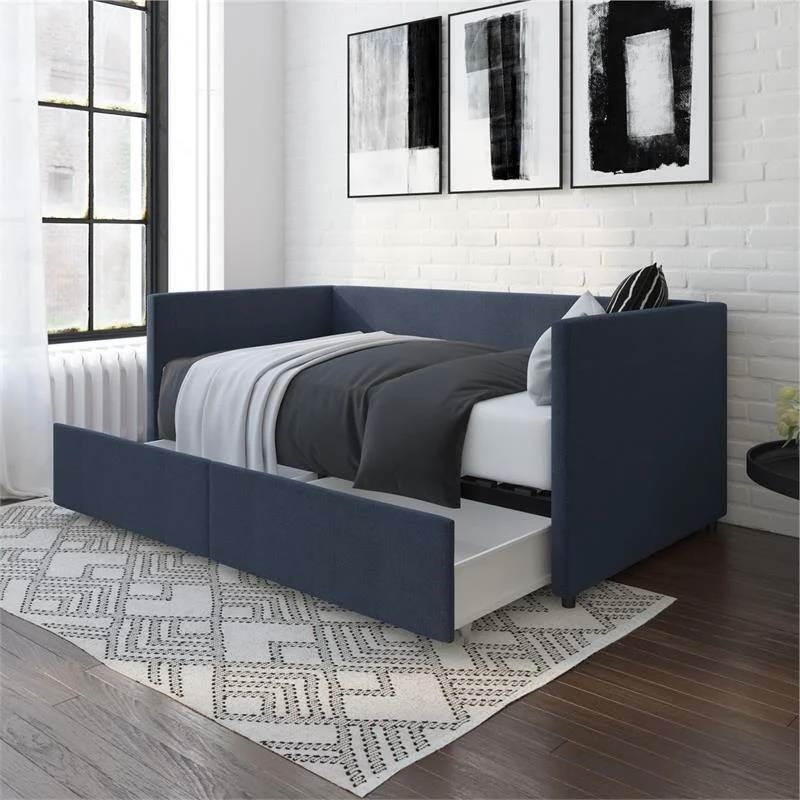 Navy Blue Linen Upholstered Daybed with Pull-Out Storage Drawers-2