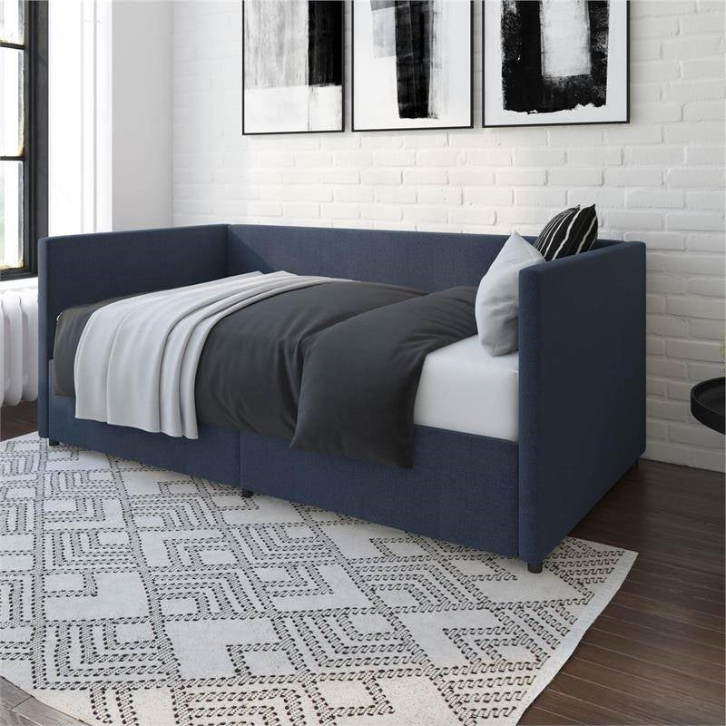 Navy Blue Linen Upholstered Daybed with Pull-Out Storage Drawers-3