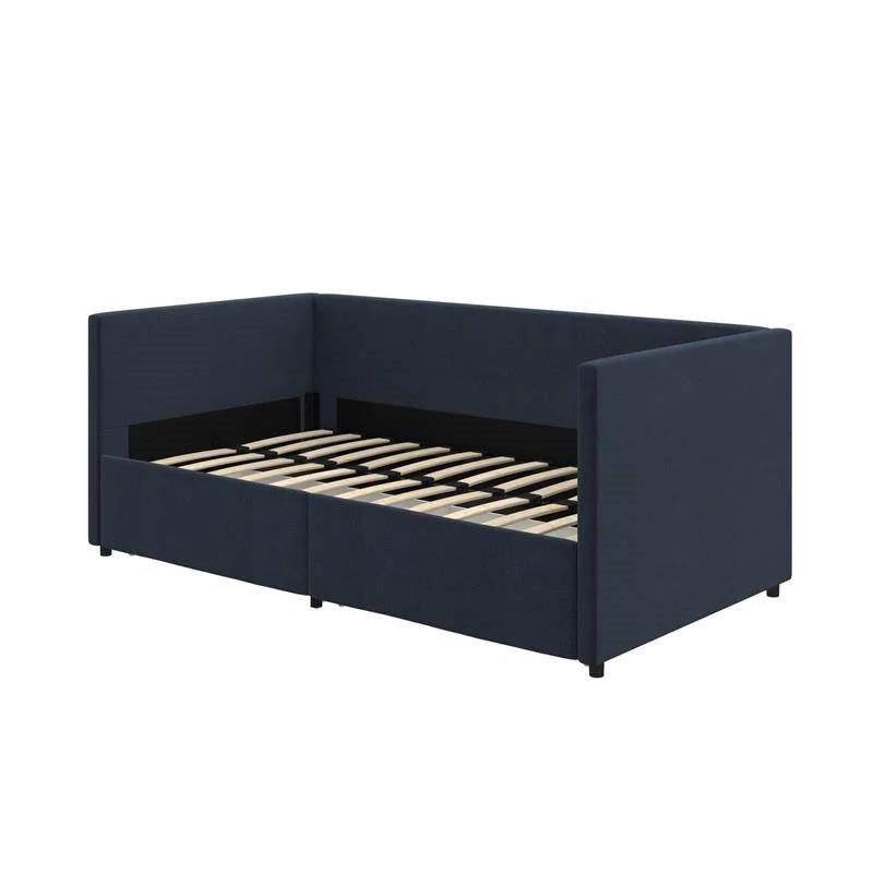 Navy Blue Linen Upholstered Daybed with Pull-Out Storage Drawers-4