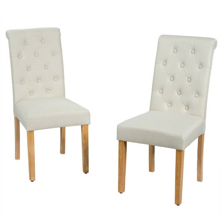 Set of 2 Beige Linen Button Tufted Dining Chair with Wood Legs-0