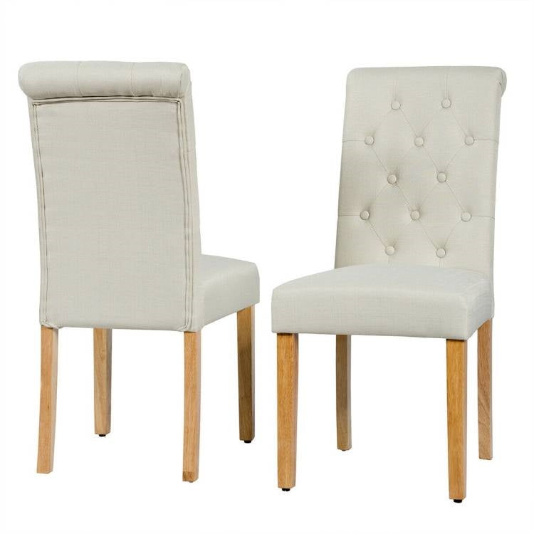 Set of 2 Beige Linen Button Tufted Dining Chair with Wood Legs-3