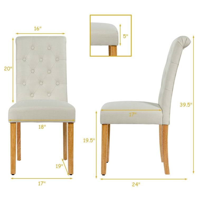 Set of 2 Beige Linen Button Tufted Dining Chair with Wood Legs-4