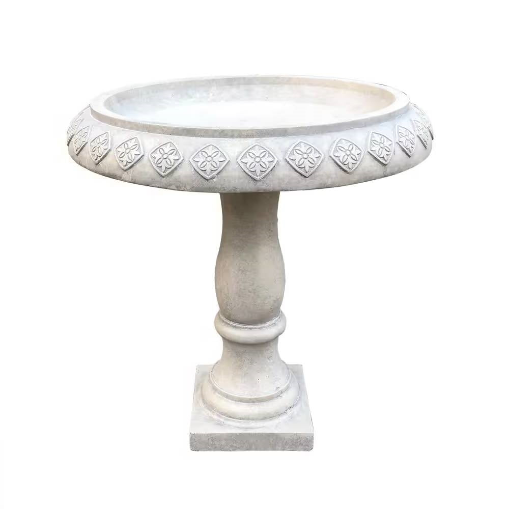 Lightweight Weathered Concrete Fiberglass Stone Birdbath - 22-inch Diameter-0