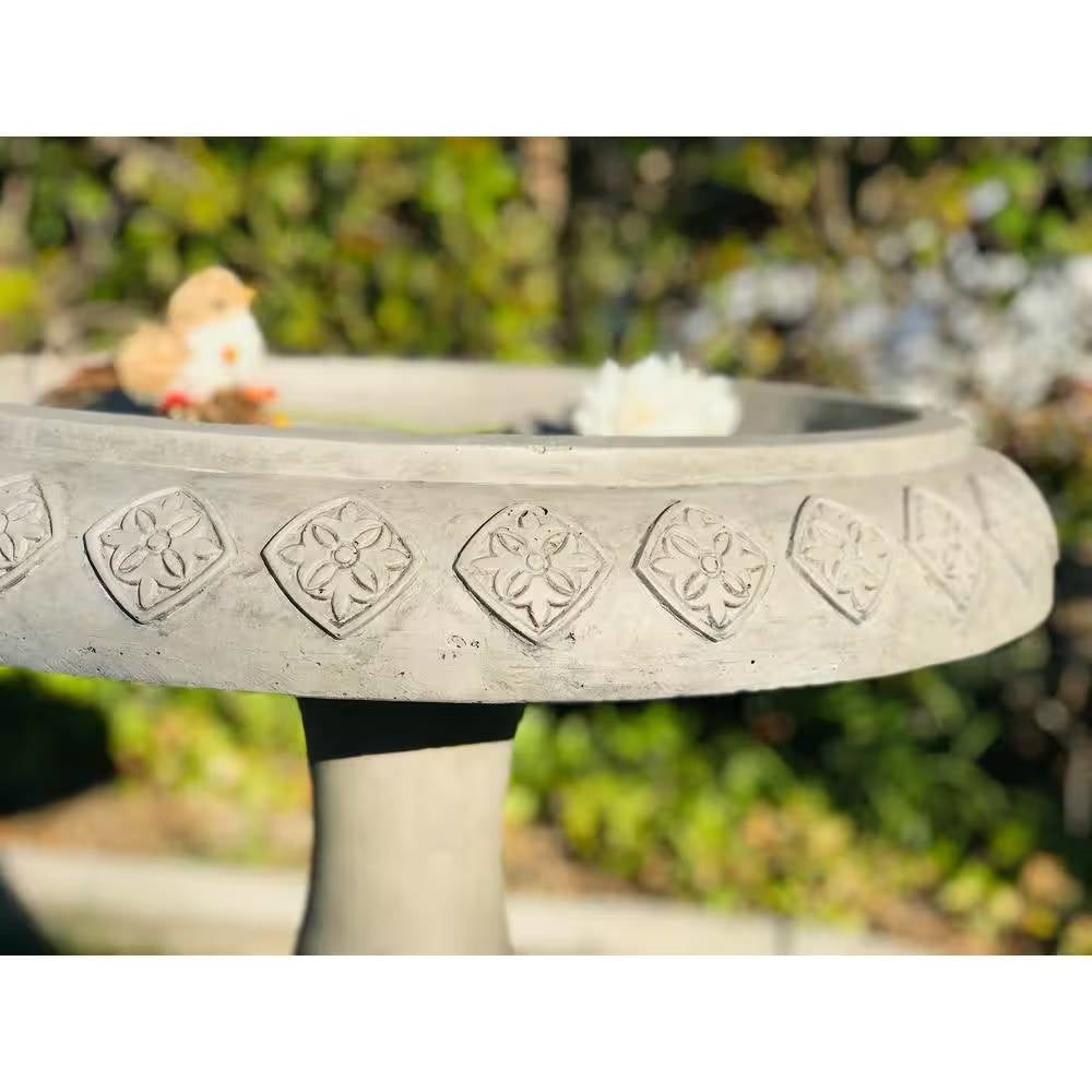 Lightweight Weathered Concrete Fiberglass Stone Birdbath - 22-inch Diameter-2