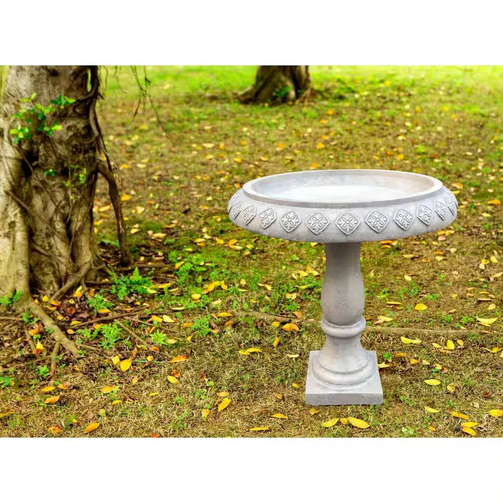 Lightweight Weathered Concrete Fiberglass Stone Birdbath - 22-inch Diameter-3