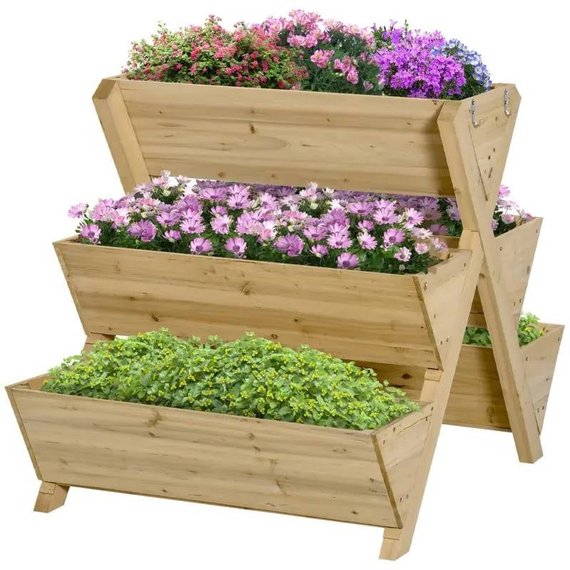 3-Tier Outdoor Fir Wood Elevated Planter Herb Flower Box Raised Garden Bed-0