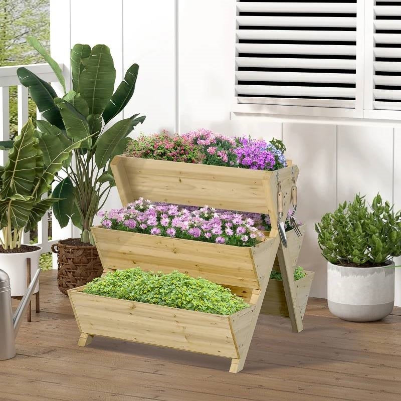 3-Tier Outdoor Fir Wood Elevated Planter Herb Flower Box Raised Garden Bed-1